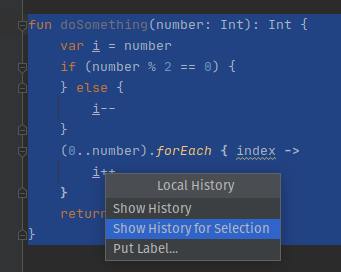 Local history context menu in the editor